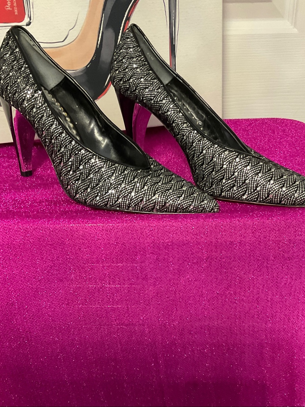 J.Renee Black & Silver Textured Pointed Toe Heels